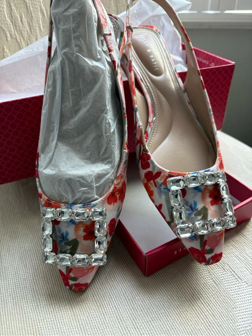 Kelly & Katie Floral Slingback Flat in Cream with Pink & Orange Flowers